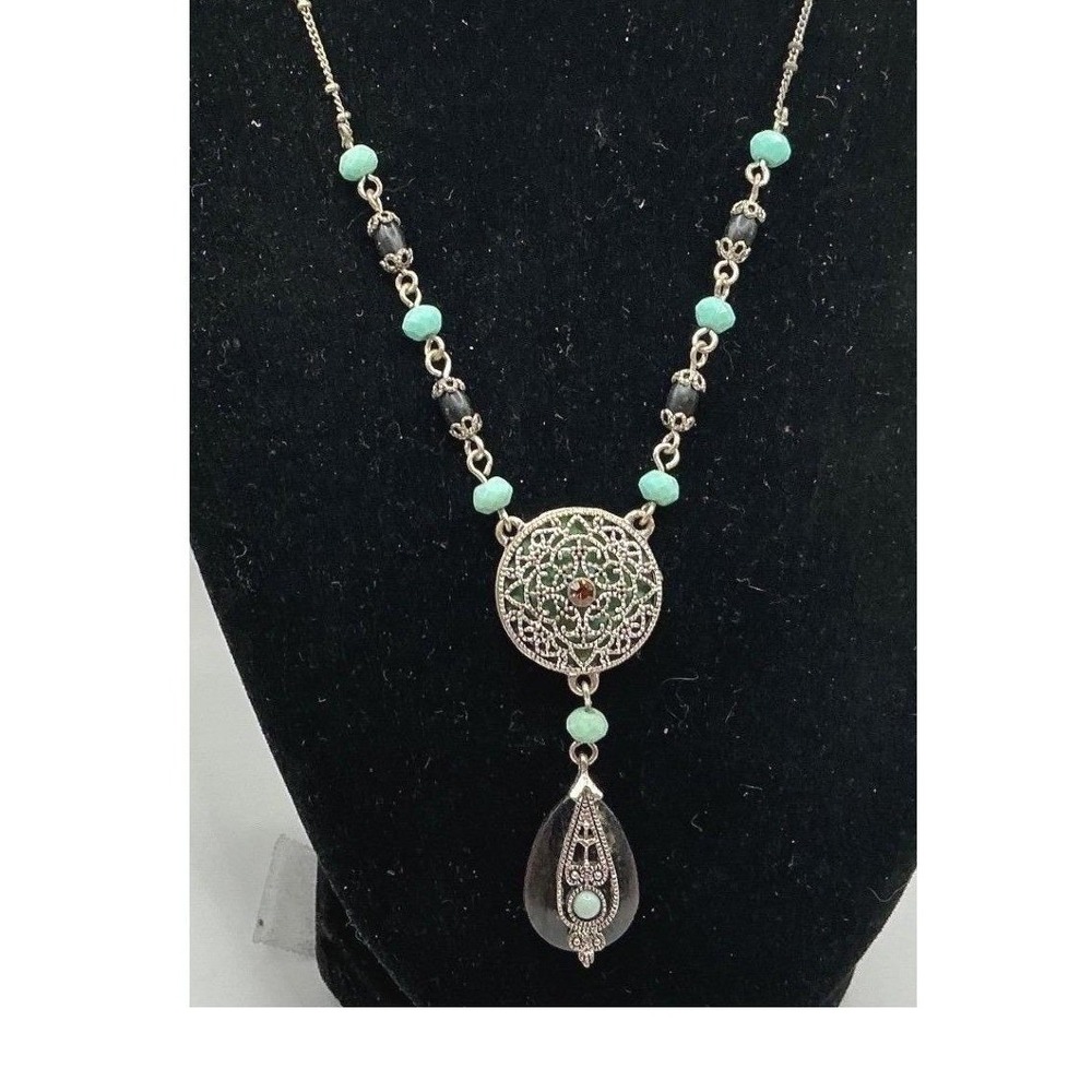 Vintage Nancy & Rise Necklace Turquoise Black Beaded Chain 16-18"‎